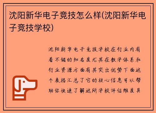 沈阳新华电子竞技怎么样(沈阳新华电子竞技学校)